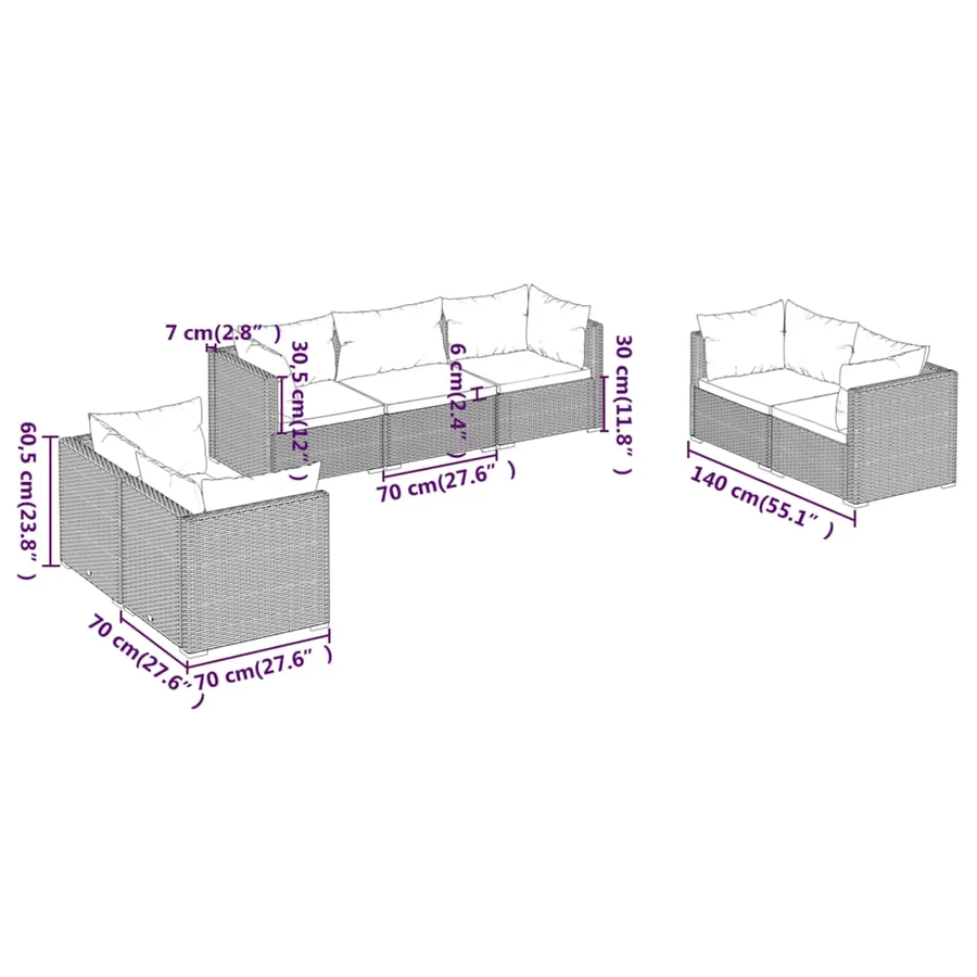 Salon de jardin 7 pcs avec coussins Résine tressée Gris - 7