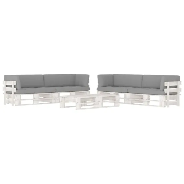 Salon de jardin palette 6 pcs et coussins Pin imprégné de blanc