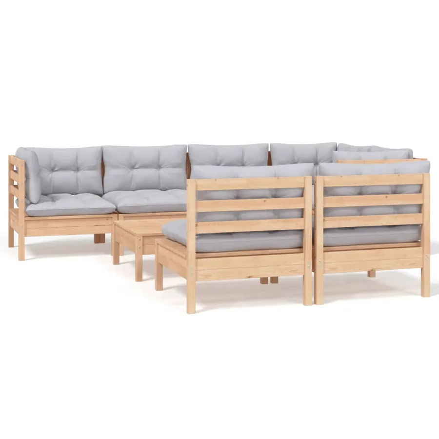 Salon de jardin 8 pcs avec coussins gris Bois de pin massif - 2