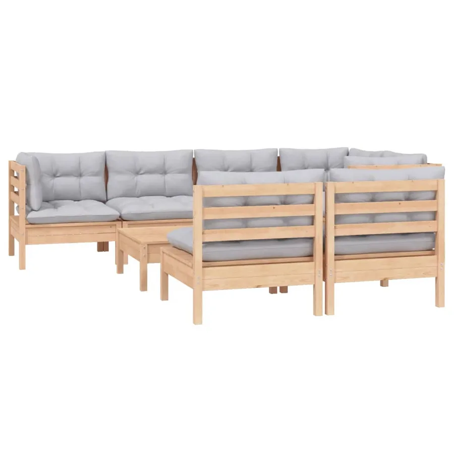 Salon de jardin 8 pcs avec coussins gris Bois de pin massif - 3