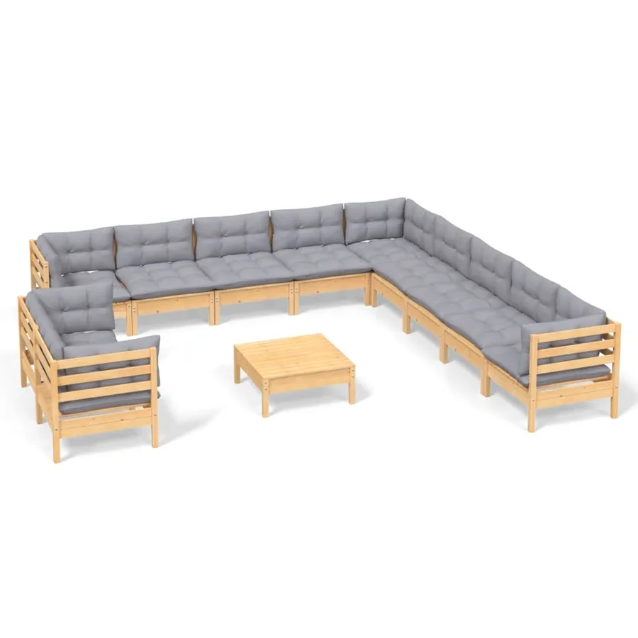 Salon de jardin 12 pcs avec coussins gris Bois de pin massif - 2