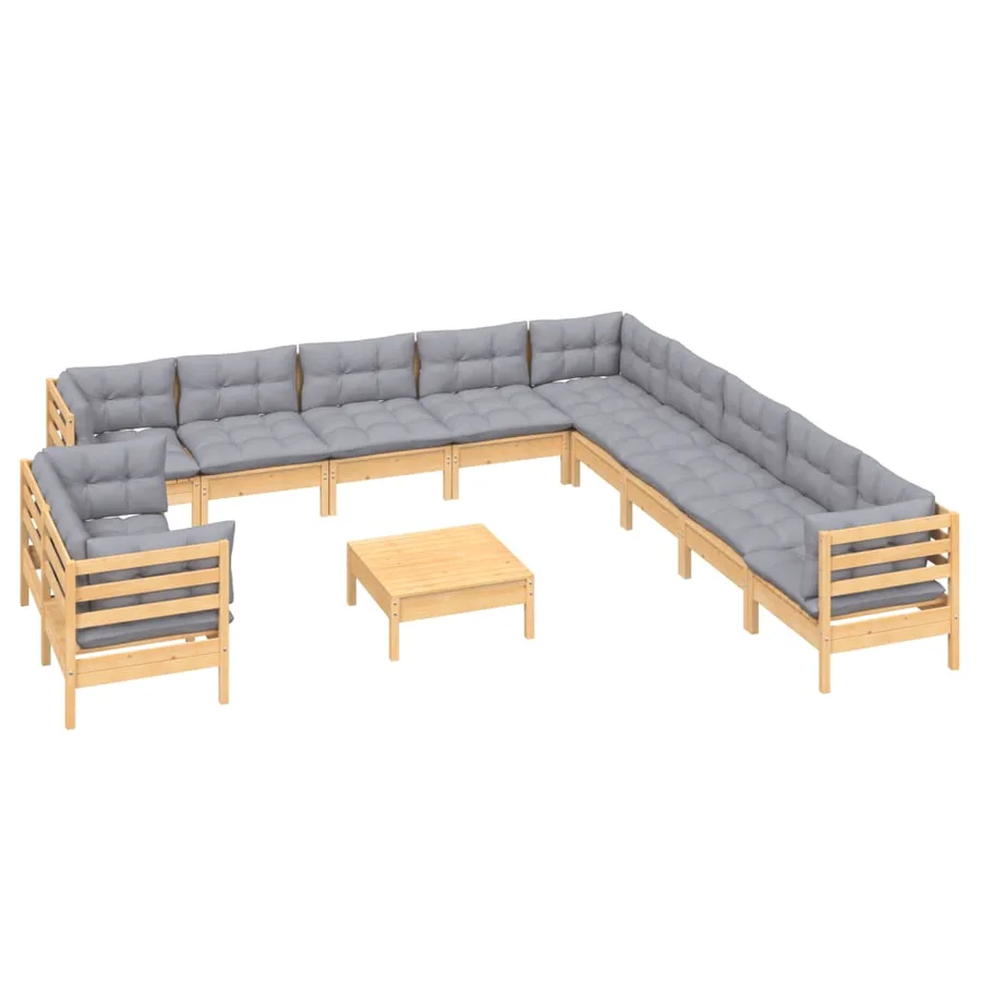 Salon de jardin 12 pcs avec coussins gris Bois de pin massif - 3