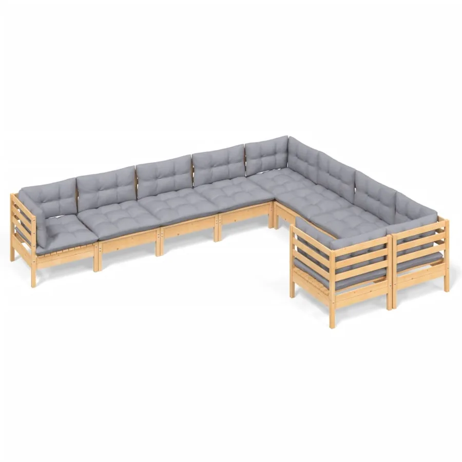 Salon de jardin 9 pcs avec coussins gris bois de pin - 2