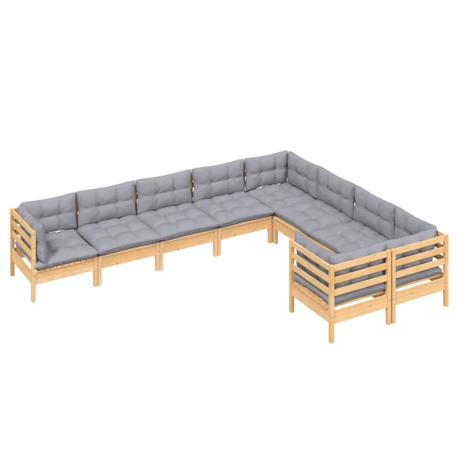 Salon de jardin 9 pcs avec coussins gris bois de pin - 3
