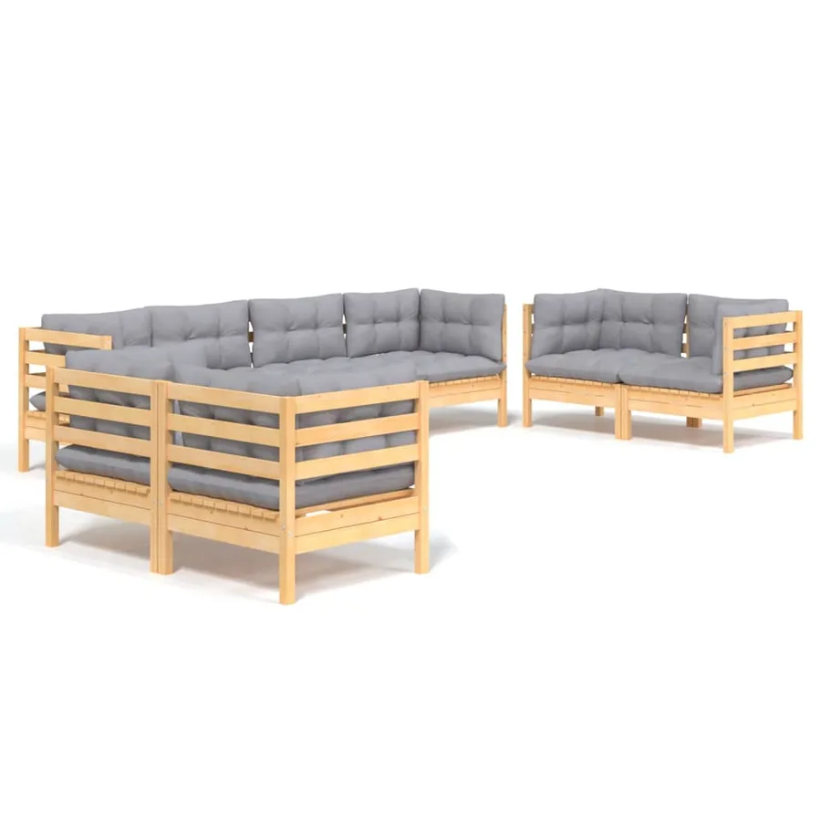 Salon de jardin 8 pcs avec coussins gris Bois de pin massif - 2