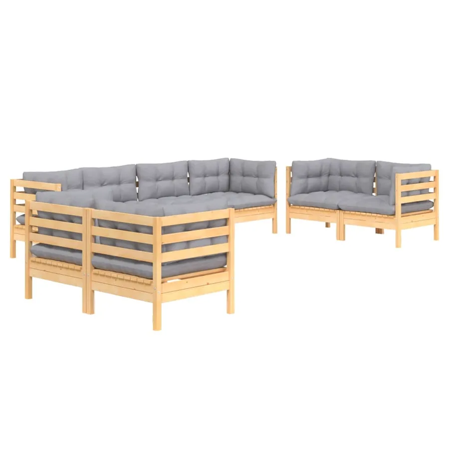Salon de jardin 8 pcs avec coussins gris Bois de pin massif - 3