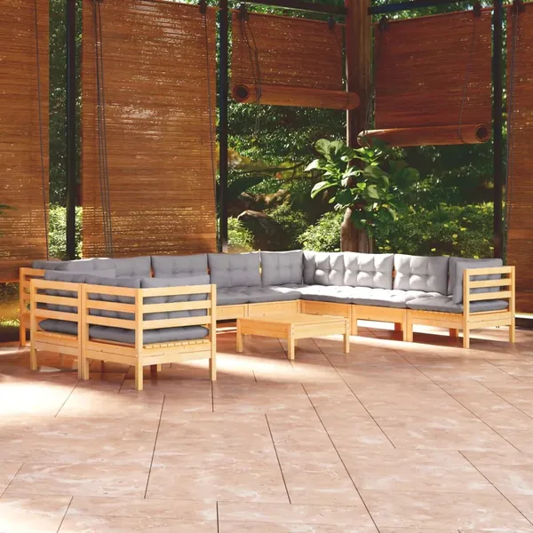 Salon de jardin 11 pcs avec coussins gris Bois de pin solide
