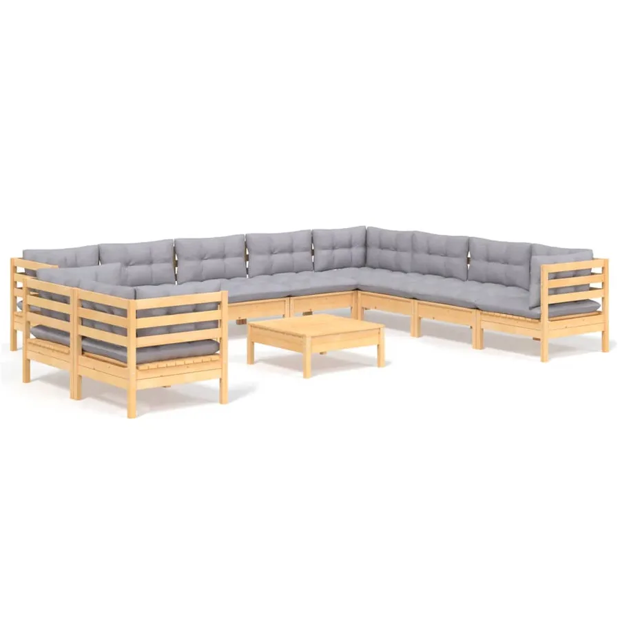 Salon de jardin 11 pcs avec coussins gris Bois de pin solide - 2