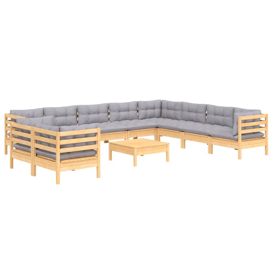 Salon de jardin 11 pcs avec coussins gris Bois de pin solide - 3
