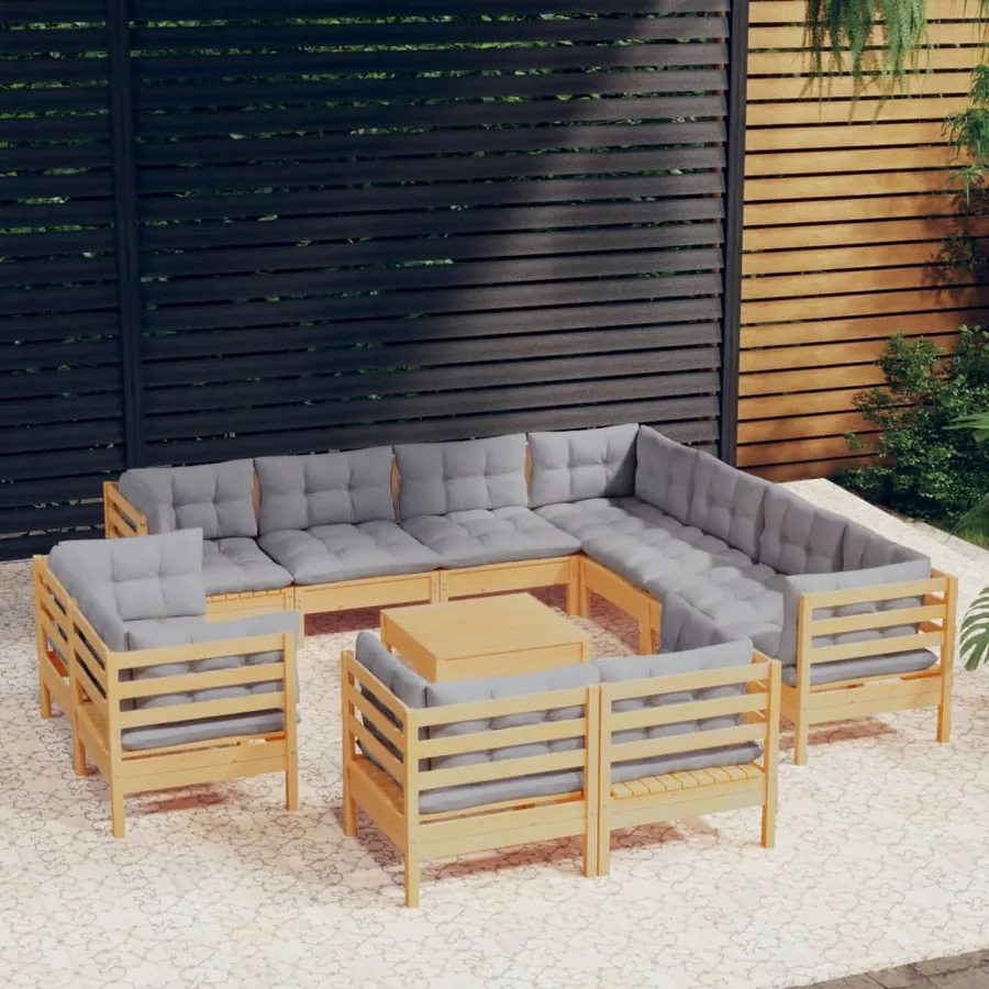 Salon de jardin 12 pcs avec coussins gris Bois de pin massif