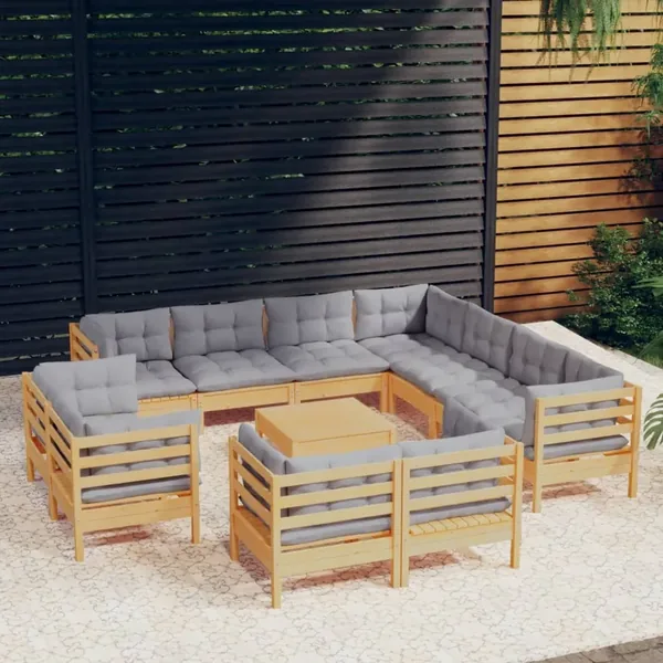 Salon de jardin 12 pcs avec coussins gris Bois de pin massif