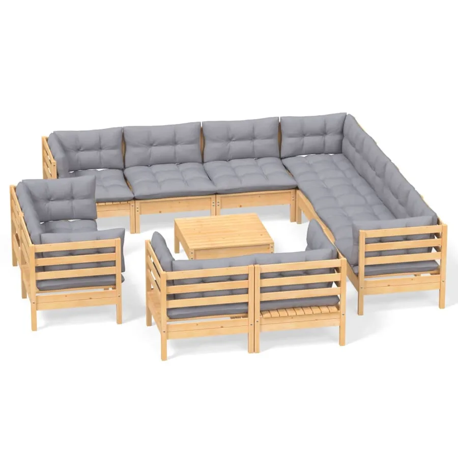 Salon de jardin 12 pcs avec coussins gris Bois de pin massif - 2