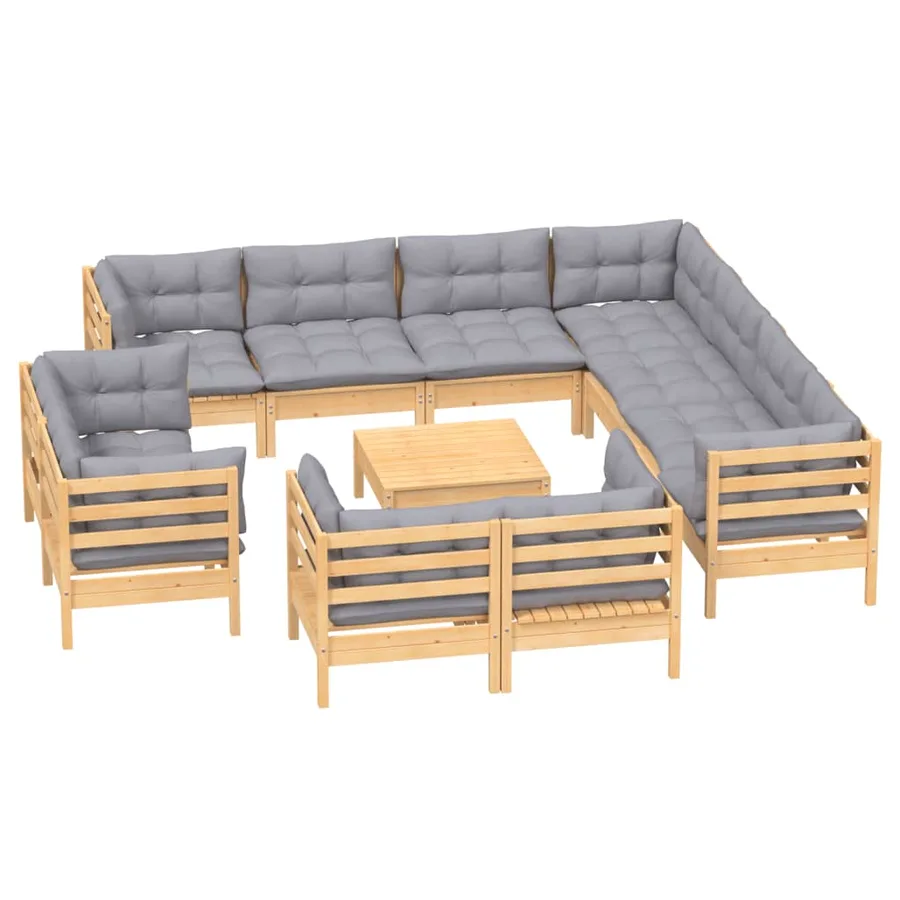 Salon de jardin 12 pcs avec coussins gris Bois de pin massif - 3