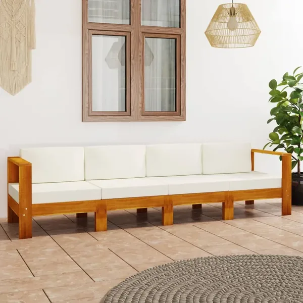 Canapé de jardin 4 places et coussins blanc crème Bois d'acacia