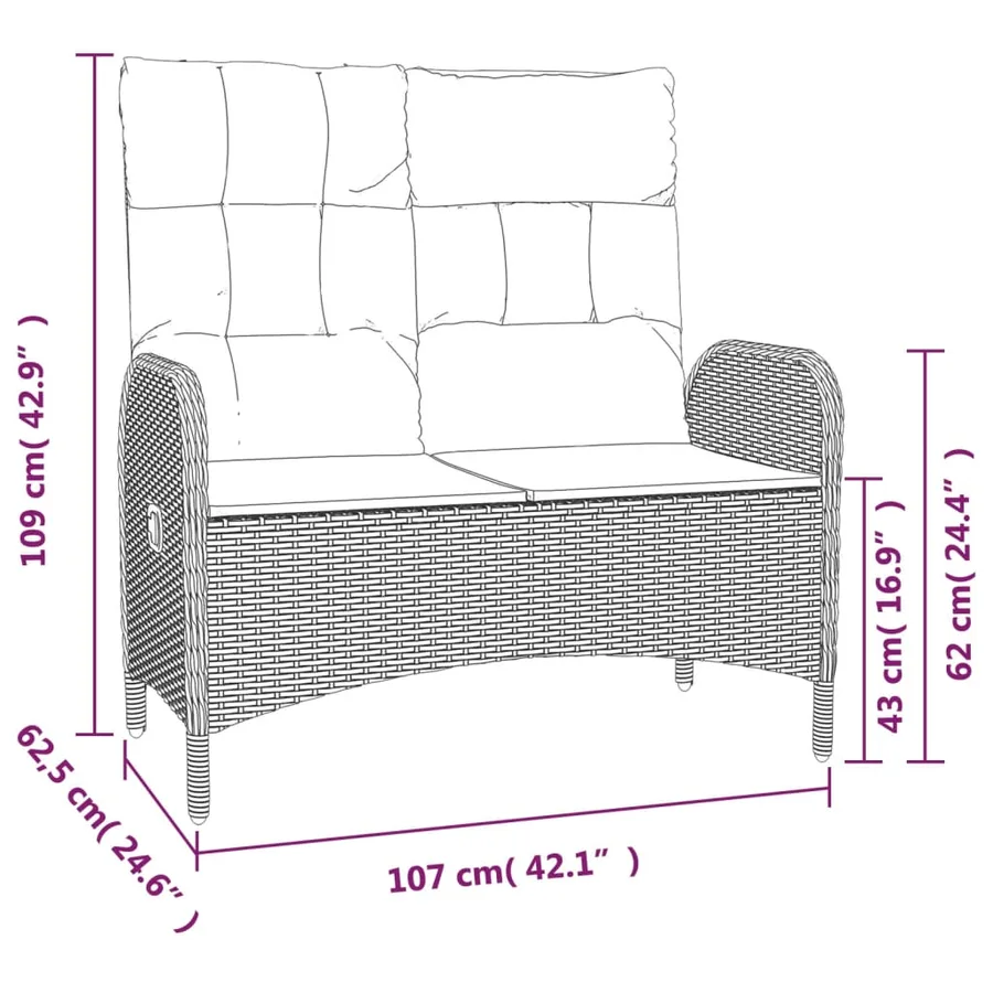 Banc de jardin inclinable avec coussins 107 cm Poly rotin Noir - 7