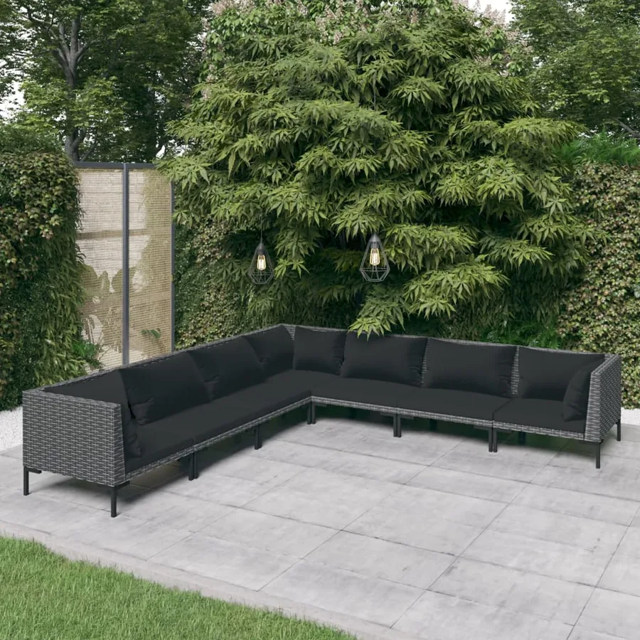 Salon de jardin 7 pcs avec coussins Résine tressée Gris foncé
