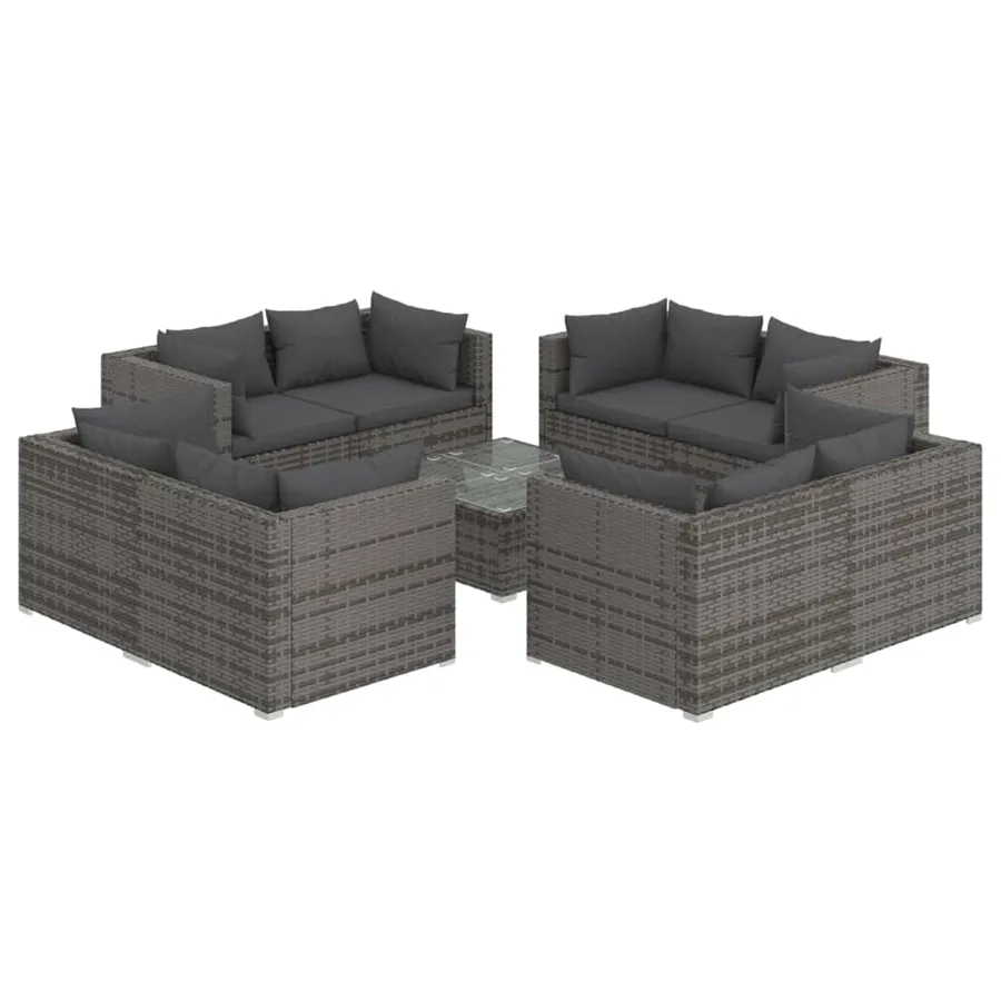 Salon de jardin 9 pcs avec coussins Résine tressée Gris - 2