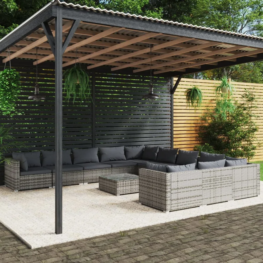 Salon de jardin 12 pcs avec coussins Résine tressée Gris
