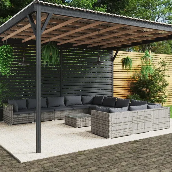 Salon de jardin 12 pcs avec coussins Résine tressée Gris