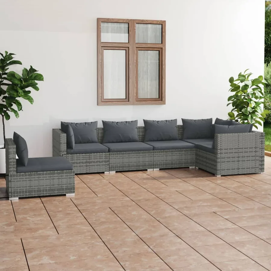 Salon de jardin 6 pcs avec coussins Résine tressée Gris