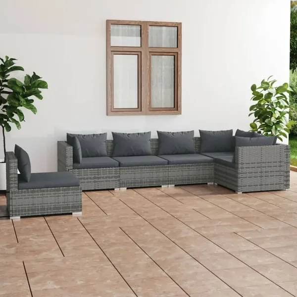 Salon de jardin 6 pcs avec coussins Résine tressée Gris