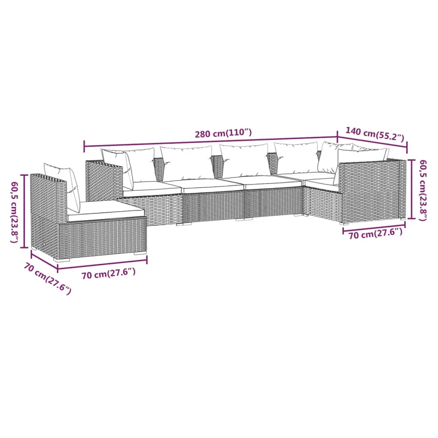 Salon de jardin 6 pcs avec coussins Résine tressée Gris - 7