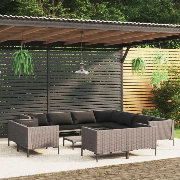 Salon de jardin 12 pcs avec coussins Résine tressée Gris foncé