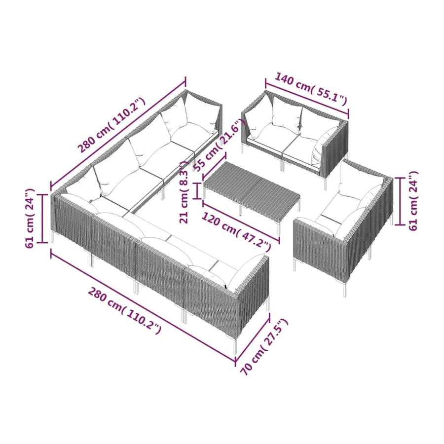 Salon de jardin 12 pcs avec coussins Résine tressée Gris foncé - 9