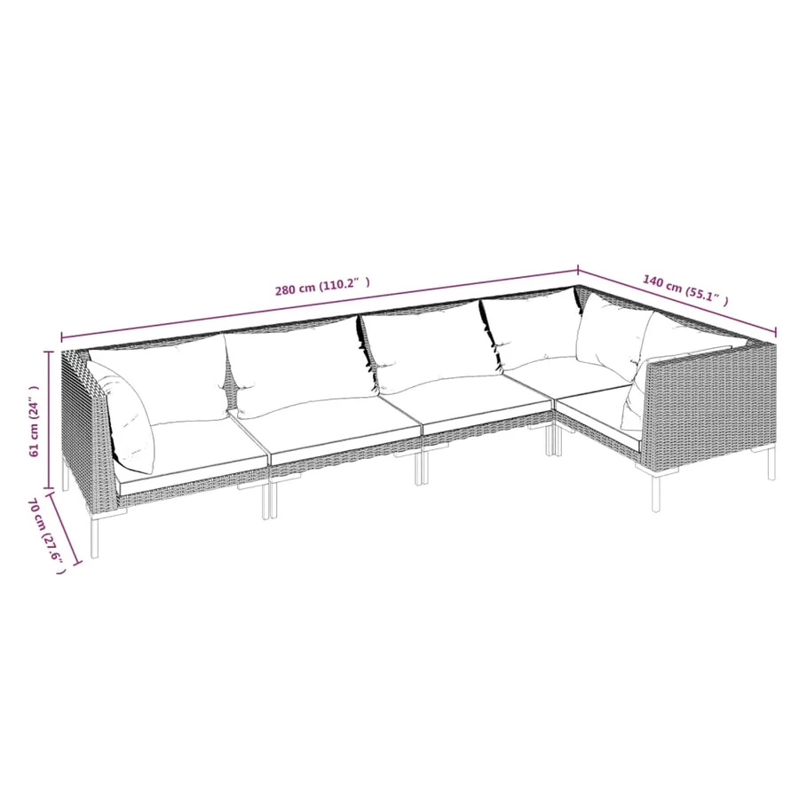 Salon de jardin 5 pcs avec coussins Résine tressée Gris foncé - 7
