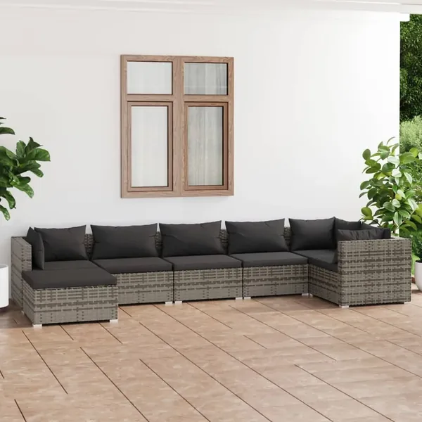 Salon de jardin 7 pcs avec coussins Résine tressée Gris