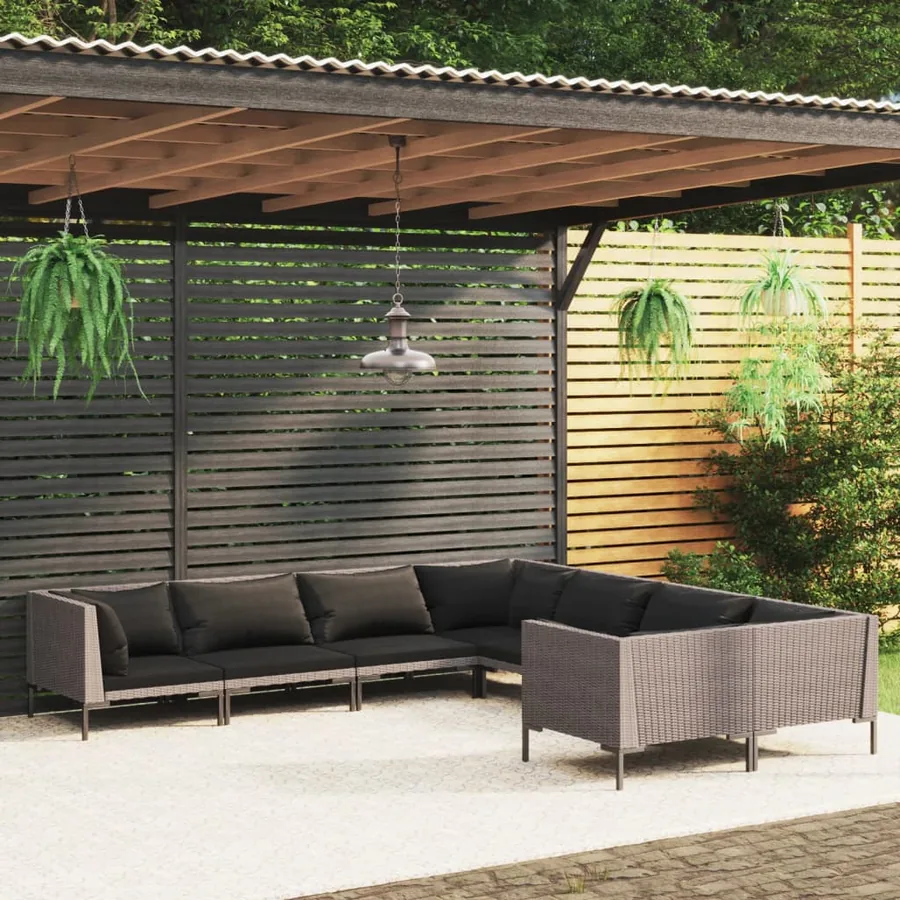 Salon de jardin 8 pcs avec coussins Résine tressée Gris foncé