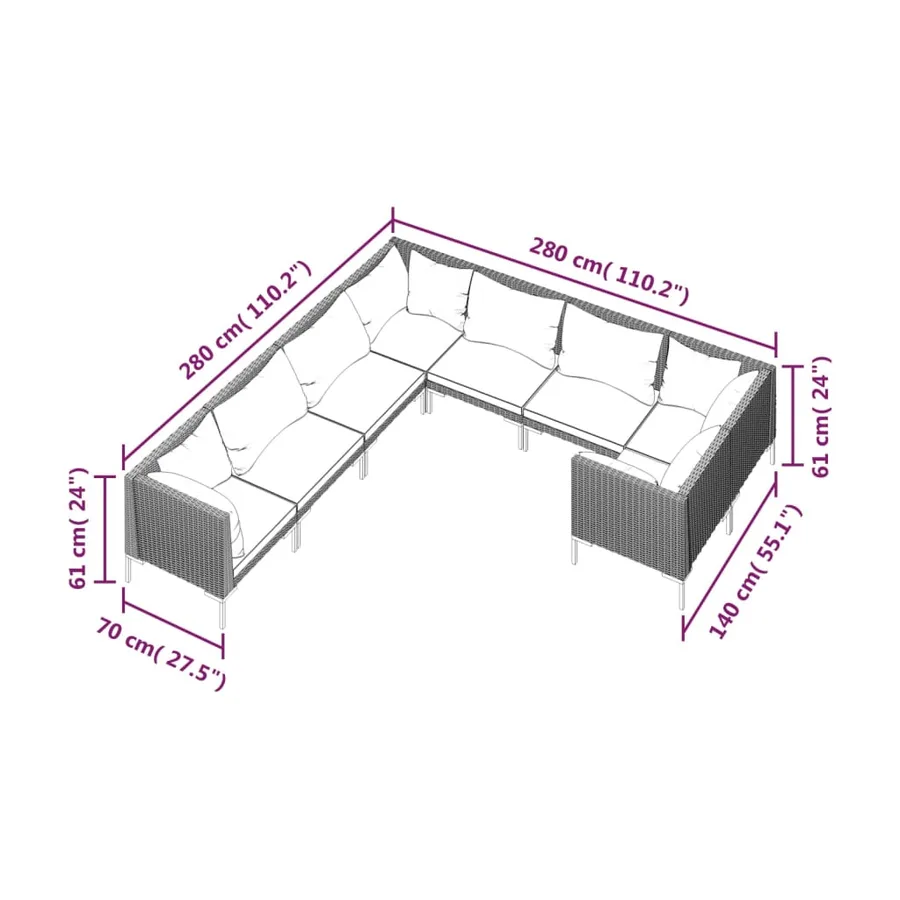 Salon de jardin 8 pcs avec coussins Résine tressée Gris foncé - 7