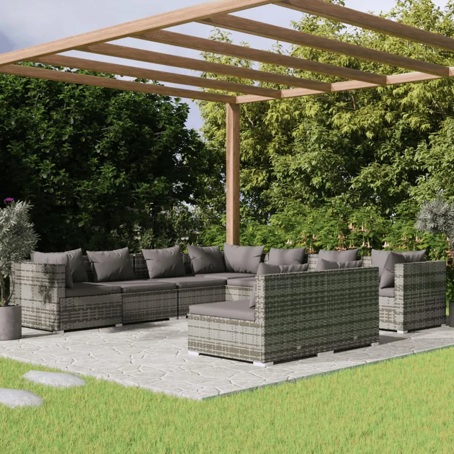 Salon de jardin 9 pcs avec coussins Gris Résine tressée