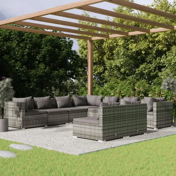 Salon de jardin 9 pcs avec coussins Gris Résine tressée