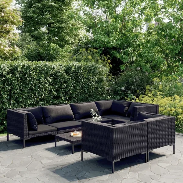 Salon de jardin 8 pcs avec coussins Résine tressée Gris foncé