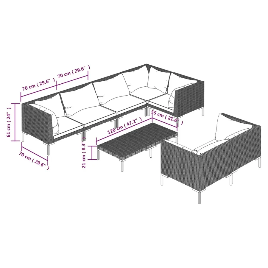 Salon de jardin 8 pcs avec coussins Résine tressée Gris foncé - 9