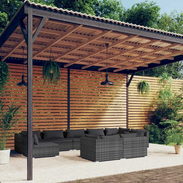 Salon de jardin 9 pcs avec coussins Gris Résine tressée