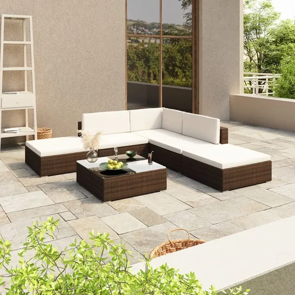 Salon de jardin 6 pcs avec coussins Résine tressée Marron