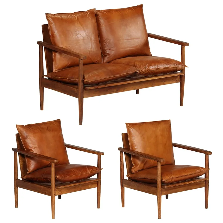 Ensemble de canapés 3 pcs Cuir véritable Bois massif d'acacia - 2