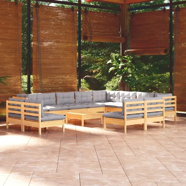 Salon de jardin 13 pcs avec coussins gris Bois de pin solide