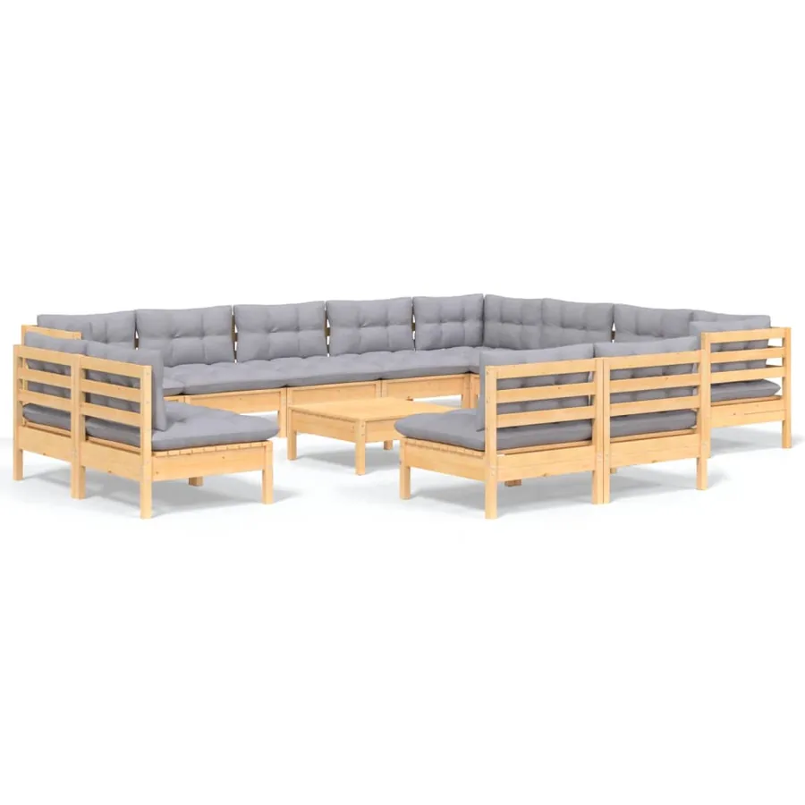 Salon de jardin 13 pcs avec coussins gris Bois de pin solide - 2