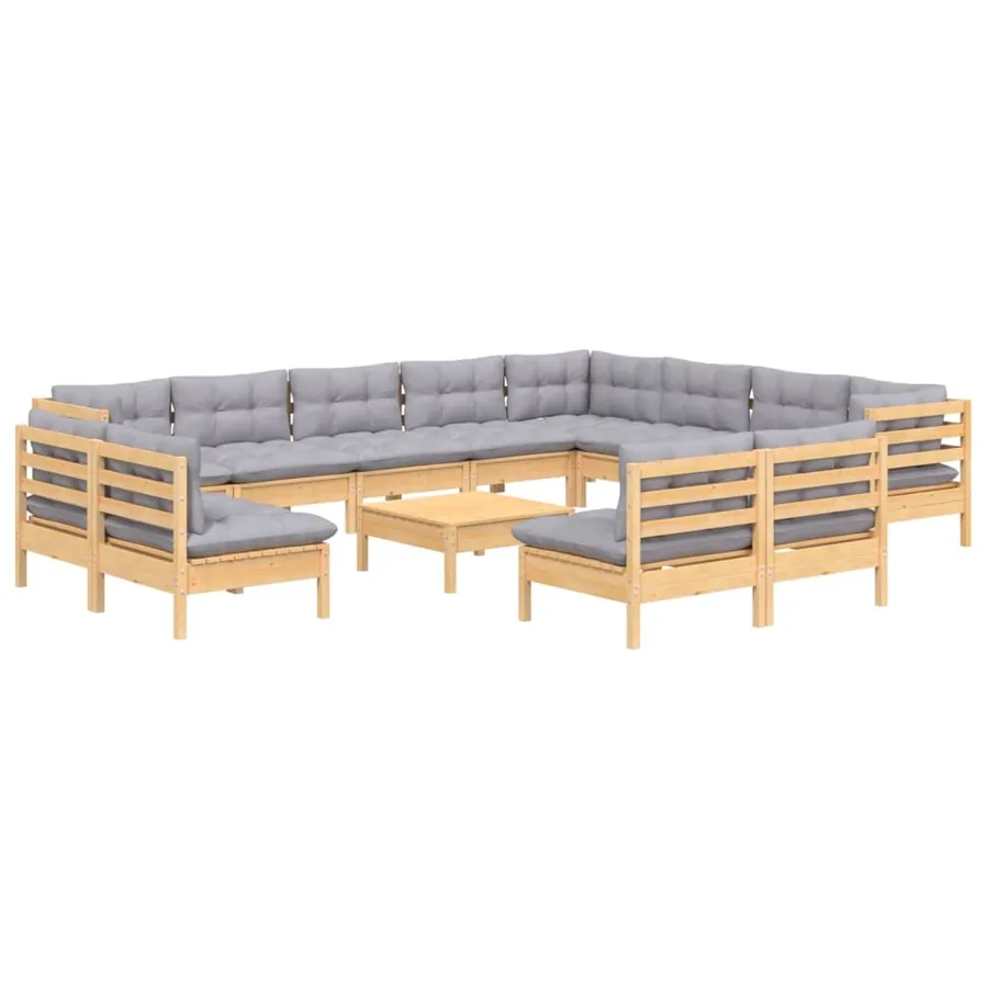 Salon de jardin 13 pcs avec coussins gris Bois de pin solide - 3