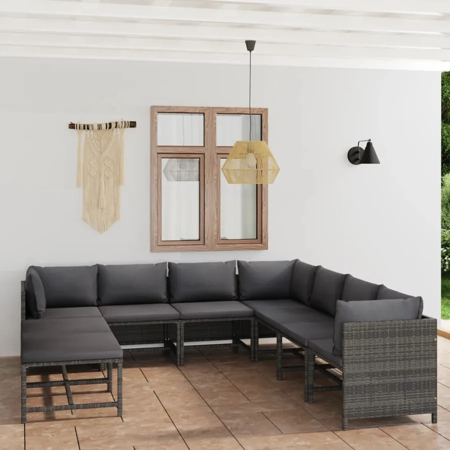 Salon de jardin 9 pcs avec coussins Résine tressée Gris