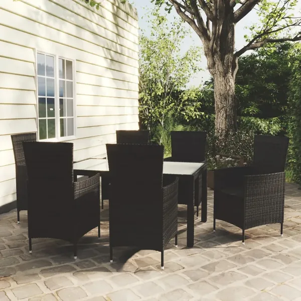 Salon de jardin 7 pcs avec coussins résine tressée noir