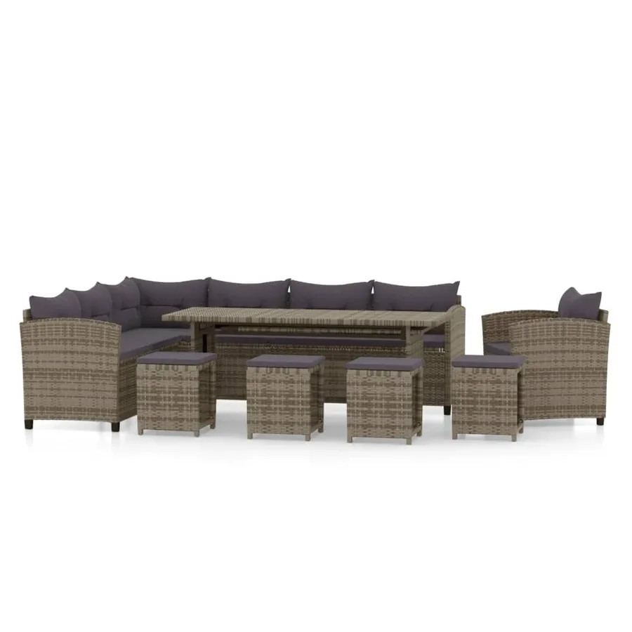 Salon de jardin 7 pcs avec coussins résine tressée gris - 2