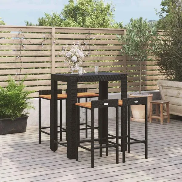 Ensemble de bar jardin 5 pcs noir poly rotin/bois massif acacia