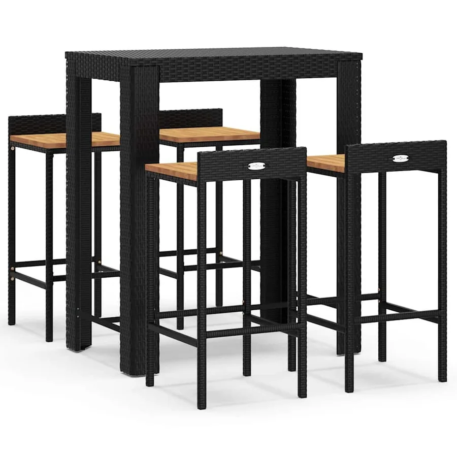 Ensemble de bar jardin 5 pcs noir poly rotin/bois massif acacia - 2