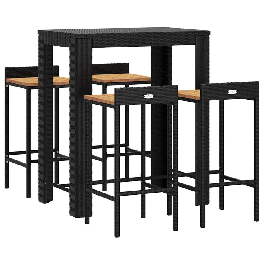 Ensemble de bar jardin 5 pcs noir poly rotin/bois massif acacia - 3