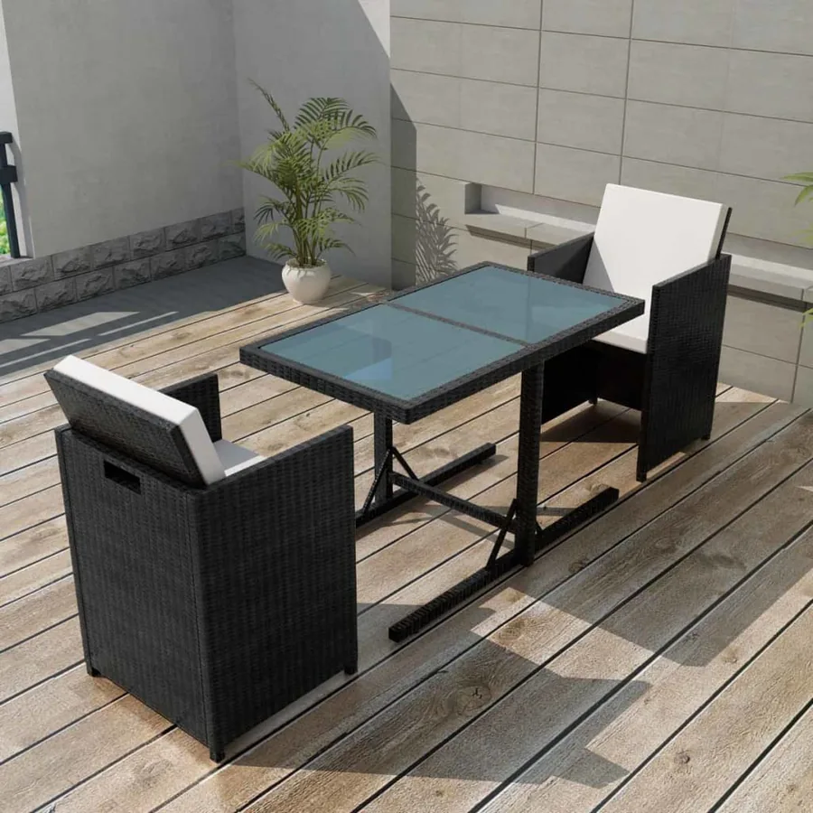 Ensemble de bistro 3 pcs avec coussins résine tressée noir