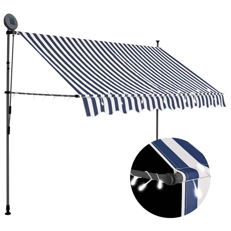 Auvent manuel rétractable avec LED 300 cm Bleu et blanc